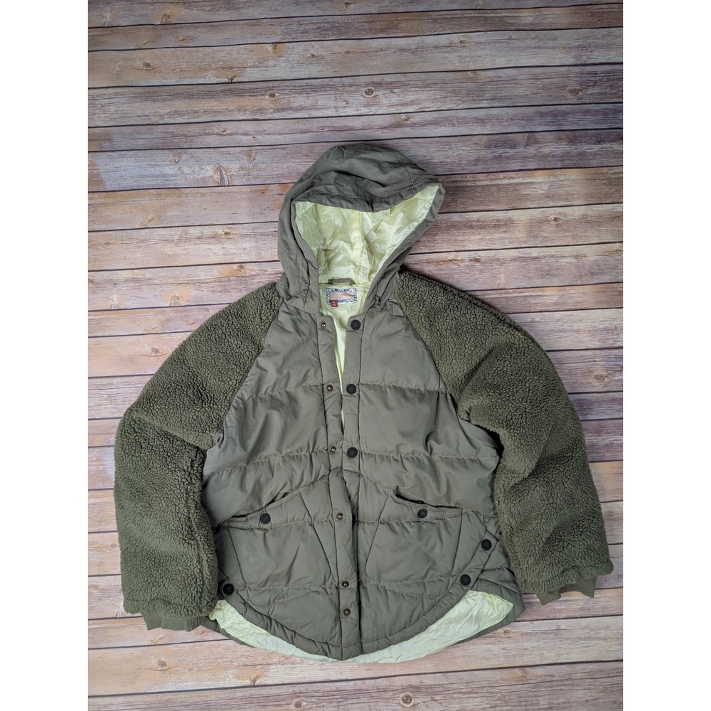Pilcro Mixed Media Puffer Jacket Women XS Olive Green Sherpa Sleeve Hooded Coat - Picture 2 of 12